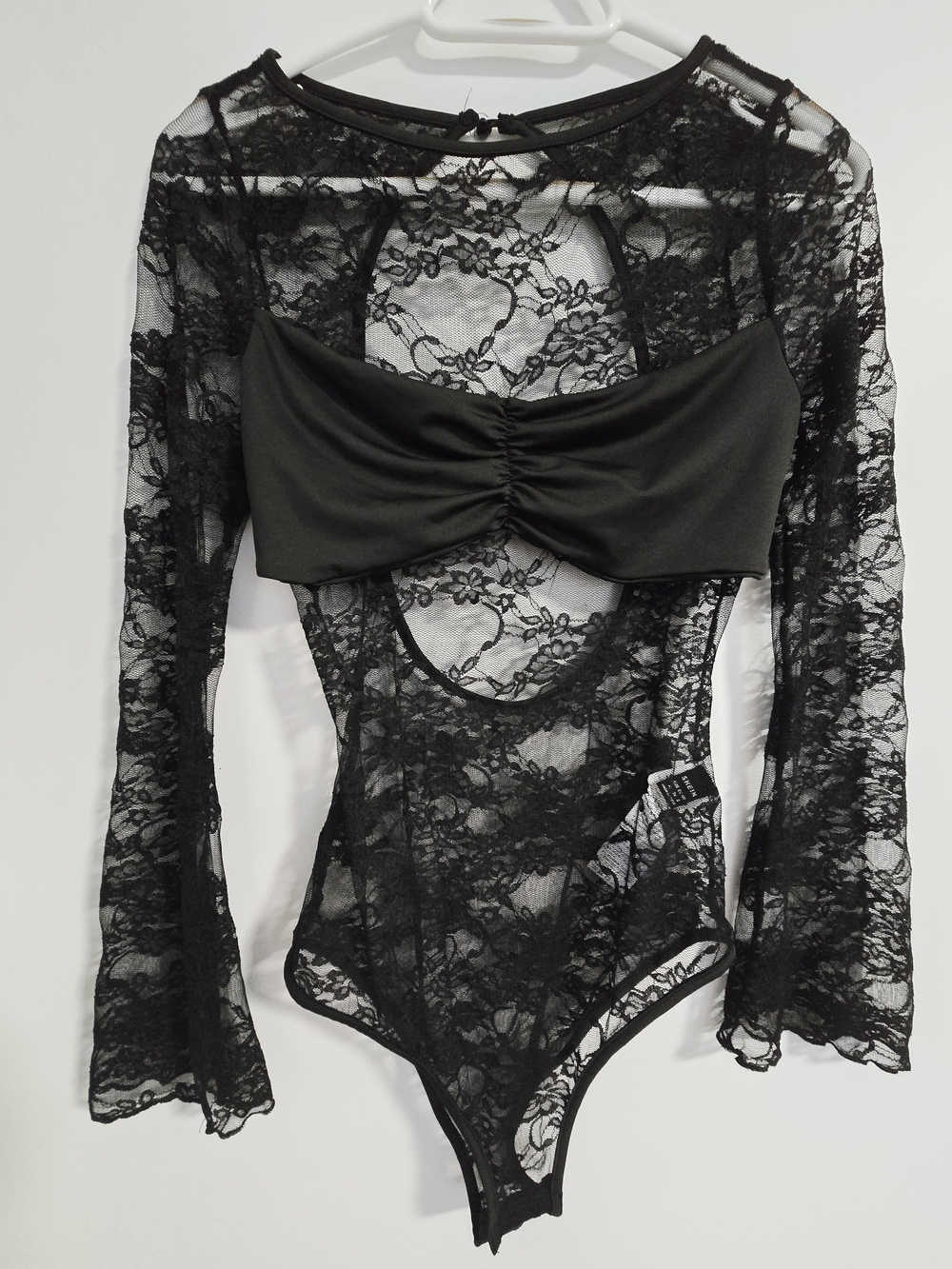 SHEIN Black Lace Bodysuit Sheer Floral Body Top Long Sleeve Black Size XS